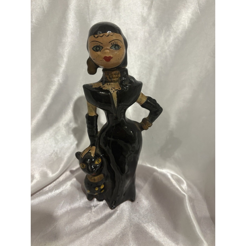 Vintage MCM Sake Cat Lady Black Cat Antique Japan Decanter Redware